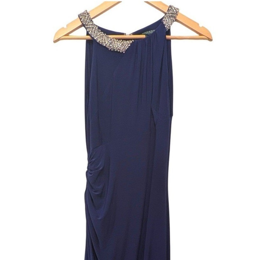 Lauren Ralph Lauren Evening Gown Blue Embellished Neckline Sleeveless Maxi 4